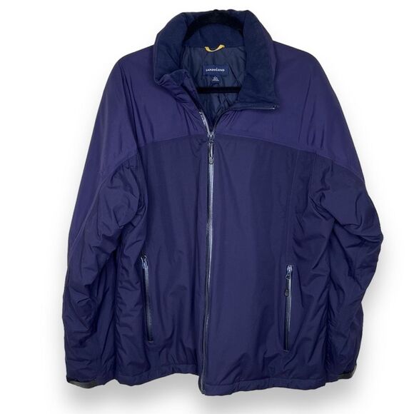 Lands End Aquacheck Thermolite Zip Front Hooded Navy Jacket Coat Men Large 42 44 - Picture 1 of 16